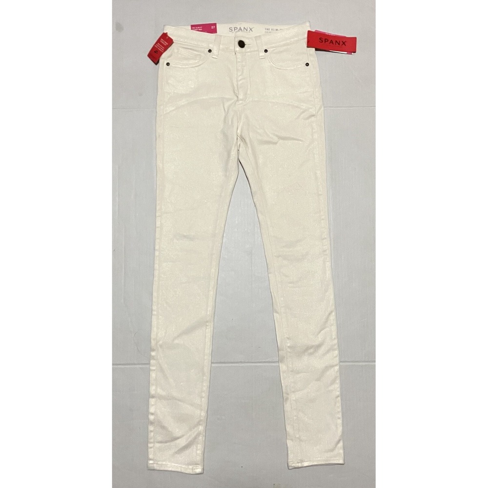 $178 Spanx Jeans Size 27 Beige Slim X Skinny Mid Rise Stretch Wax Coated 27x32